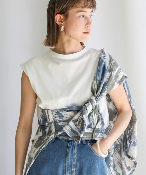 select MOCA（セレクトモカ）の「オーガニックコットンフレンチスリーブトップス（Tシャツ/カットソー・レディース・オフホワイト/サックスブルー/ワインレッド/スミクロ/テラコッタ/ライトカーキ・FREE）」の2枚目の写真