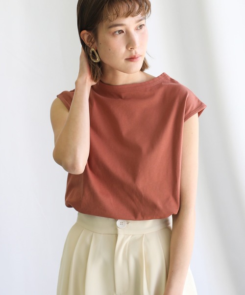 select MOCA（セレクトモカ）の「オーガニックコットンフレンチスリーブトップス（Tシャツ/カットソー・レディース・オフホワイト/サックスブルー/ワインレッド/スミクロ/テラコッタ/ライトカーキ・FREE）」の4枚目の写真