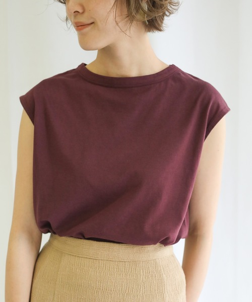 select MOCA（セレクトモカ）の「オーガニックコットンフレンチスリーブトップス（Tシャツ/カットソー・レディース・オフホワイト/サックスブルー/ワインレッド/スミクロ/テラコッタ/ライトカーキ・FREE）」の6枚目の写真
