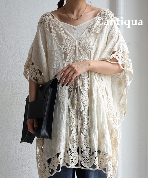 antiqua(アンティカ)の「綿100%レースドルマントップス(Tシャツ/カットソー・レディース・ナチュラル/ブラック・FREE)」の14枚目の写真