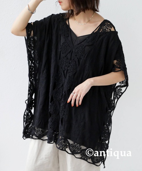 antiqua(アンティカ)の「綿100%レースドルマントップス(Tシャツ/カットソー・レディース・ナチュラル/ブラック・FREE)」の4枚目の写真