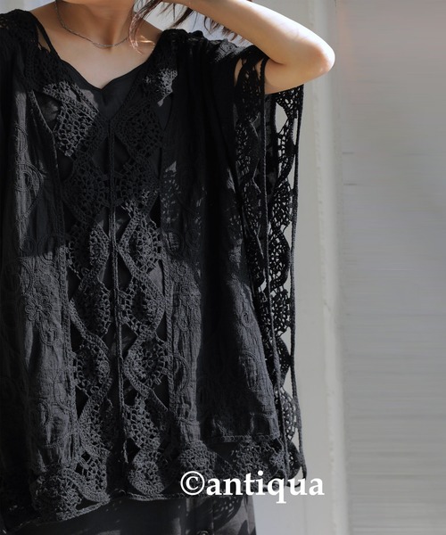 antiqua(アンティカ)の「綿100%レースドルマントップス(Tシャツ/カットソー・レディース・ナチュラル/ブラック・FREE)」の7枚目の写真