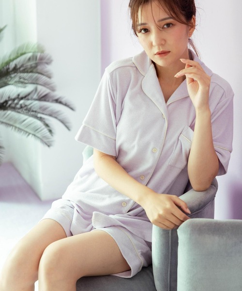 fran de lingerie（フランデランジェリー）の「set-up半袖パジャマシャツ・ショートパンツ上下セット（ルームウェア/パジャマ・レディース・ホワイト/ライトグレー/ネイビー/ピンク/イエロー/アイボリー/ダークグレー/クリーム/シルバーグレー/ダークブルー/ピンク系その他/ラベンダー/ライトピンク・M-L）」の9枚目の写真