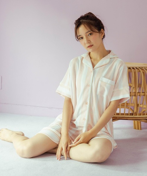 fran de lingerie（フランデランジェリー）の「set-up半袖パジャマシャツ・ショートパンツ上下セット（ルームウェア/パジャマ・レディース・ホワイト/ライトグレー/ネイビー/ピンク/イエロー/アイボリー/ダークグレー/クリーム/シルバーグレー/ダークブルー/ピンク系その他/ラベンダー/ライトピンク・M-L）」の13枚目の写真