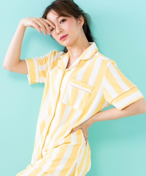 fran de lingerie（フランデランジェリー）の「set-up半袖パジャマシャツ・ショートパンツ上下セット（ルームウェア/パジャマ・レディース・ホワイト/ライトグレー/ネイビー/ピンク/イエロー/アイボリー/ダークグレー/クリーム/シルバーグレー/ダークブルー/ピンク系その他/ラベンダー/ライトピンク・M-L）」の10枚目の写真