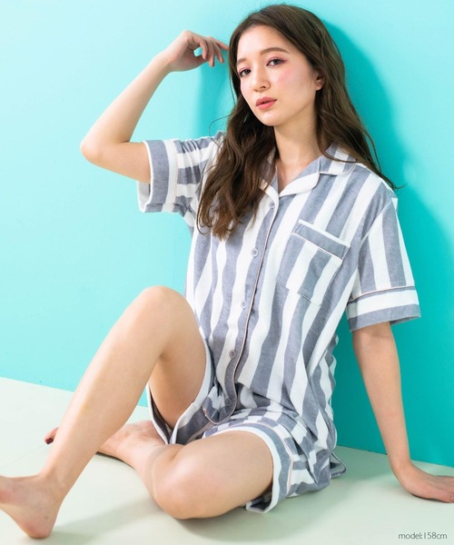 fran de lingerie（フランデランジェリー）の「set-up半袖パジャマシャツ・ショートパンツ上下セット（ルームウェア/パジャマ・レディース・ホワイト/ライトグレー/ネイビー/ピンク/イエロー/アイボリー/ダークグレー/クリーム/シルバーグレー/ダークブルー/ピンク系その他/ラベンダー/ライトピンク・M-L）」の16枚目の写真