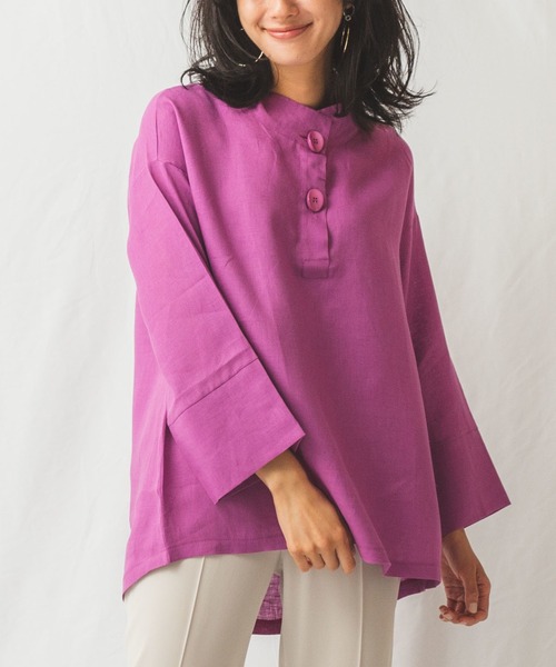 NARACAMICIE(ナラカミーチェ)の「麻スタンドカラープルオーバーブラウス(シャツ/ブラウス・レディース・ホワイト/ベージュ/パープル・X-LARGE/XX-LARGE/SMALL/MEDIUM/LARGE)」の3枚目の写真