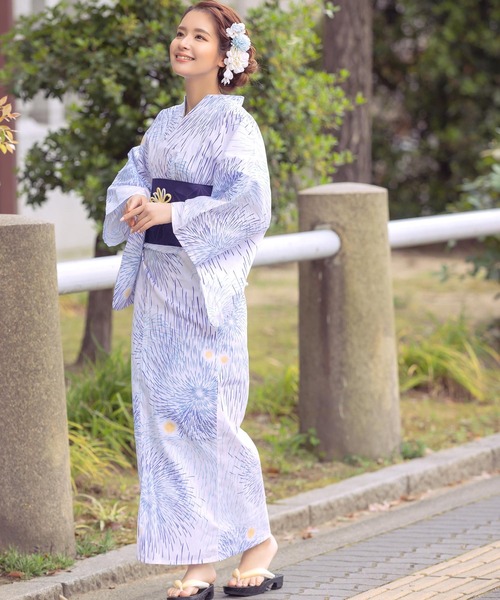 浴衣3点セット Retica レティカ の浴衣 浴衣3点セット 白地 ブルー花火