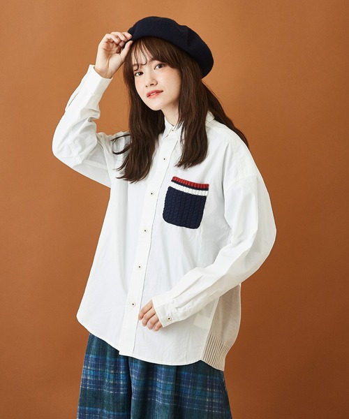 CUBE SUGAR(キューブシュガー)の「布帛 × ニット 組合せ ビッグシャツ(シャツ/ブラウス・レディース・ホワイト/カーキ/チェック・M)」の2枚目の写真