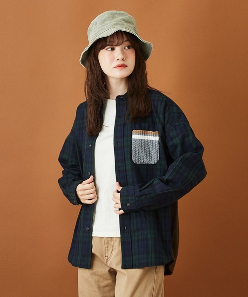 CUBE SUGAR(キューブシュガー)の「布帛 × ニット 組合せ ビッグシャツ(シャツ/ブラウス・レディース・ホワイト/カーキ/チェック・M)」の3枚目の写真