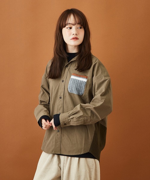 CUBE SUGAR(キューブシュガー)の「布帛 × ニット 組合せ ビッグシャツ(シャツ/ブラウス・レディース・ホワイト/カーキ/チェック・M)」の1枚目の写真