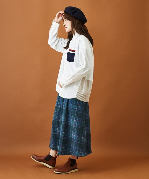 CUBE SUGAR(キューブシュガー)の「布帛 × ニット 組合せ ビッグシャツ(シャツ/ブラウス・レディース・ホワイト/カーキ/チェック・M)」の7枚目の写真