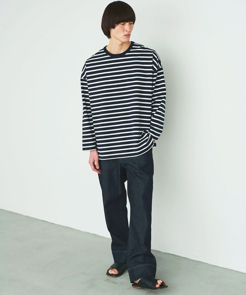 UNDECORATED（アンデコレイテッド）の「UNDECORATED アンデコレイテッド / Giza Cotton Border L/S T-Shirt ギザ コットン ボーダー オーバーサイズ長袖Tシャツ / UDS22106（Tシャツ/カットソー・メンズ・ホワイト/ネイビー・1/2/3/0）」の5枚目の写真