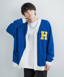 ビッグシルエット カレッジロゴ サガラ刺繍アクリルニットカーディガン