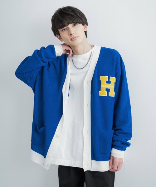 Rocky Monroe(ロッキーモンロー)の「ビッグシルエット カレッジロゴ サガラ刺繍アクリルニットカーディガン(カーディガン/ボレロ・メンズ・ブラック/グリーン/マスタード/ロイヤルブルー・M/L)」の3枚目の写真