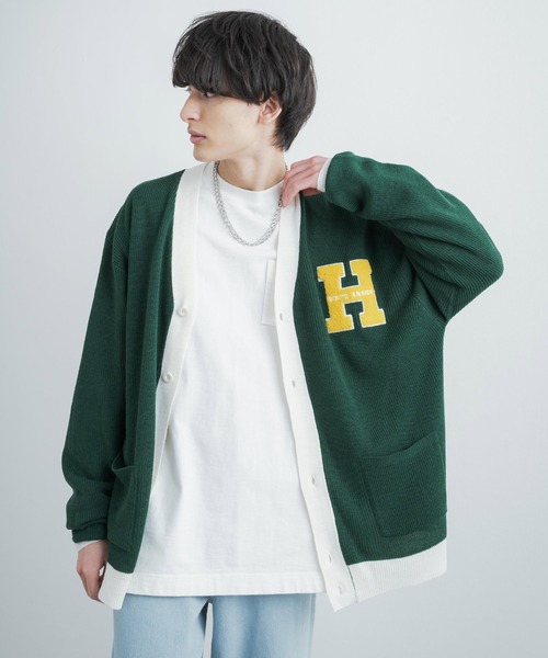 Rocky Monroe(ロッキーモンロー)の「ビッグシルエット カレッジロゴ サガラ刺繍アクリルニットカーディガン(カーディガン/ボレロ・メンズ・ブラック/グリーン/マスタード/ロイヤルブルー・M/L)」の8枚目の写真