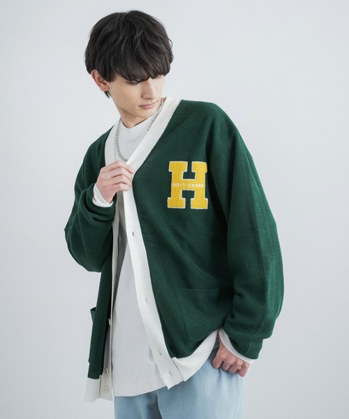 Rocky Monroe(ロッキーモンロー)の「ビッグシルエット カレッジロゴ サガラ刺繍アクリルニットカーディガン(カーディガン/ボレロ・メンズ・ブラック/グリーン/マスタード/ロイヤルブルー・M/L)」の9枚目の写真
