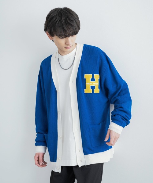 Rocky Monroe(ロッキーモンロー)の「ビッグシルエット カレッジロゴ サガラ刺繍アクリルニットカーディガン(カーディガン/ボレロ・メンズ・ブラック/グリーン/マスタード/ロイヤルブルー・M/L)」の11枚目の写真