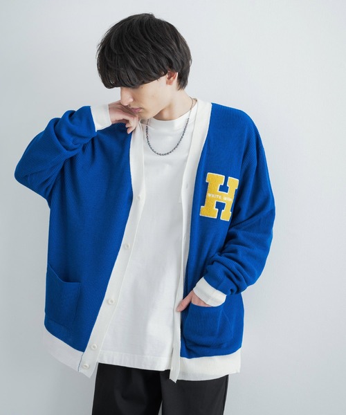 Rocky Monroe(ロッキーモンロー)の「ビッグシルエット カレッジロゴ サガラ刺繍アクリルニットカーディガン(カーディガン/ボレロ・メンズ・ブラック/グリーン/マスタード/ロイヤルブルー・M/L)」の12枚目の写真