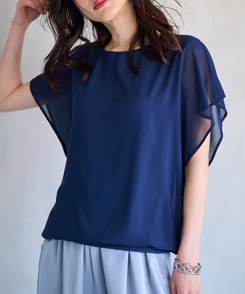 RANAN(ラナン)の「シフォン使いふんわり袖シアープルオーバー(Tシャツ/カットソー・レディース・ライトグレー/ブラック/モカ/ピンクベージュ/ネイビー/カーキブラウン/ダークブルー/オフホワイト・LL/M/L)」の1枚目の写真