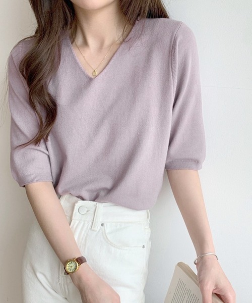 Felt-Maglietta（フェルトマリエッタ）の「Vネック半袖ニット（ニット/セーター・レディース・ホワイト/アイボリー/ダークグレー/グレー/ブラック/ブルー/ミント/モカ/ラベンダー/ピンク/グレイッシュベージュ/ライトピンク/グリーン/ネイビー/チャコールグレー/ターコイズブルー/ライトブルー・FREE/X-LARGE）」の15枚目の写真