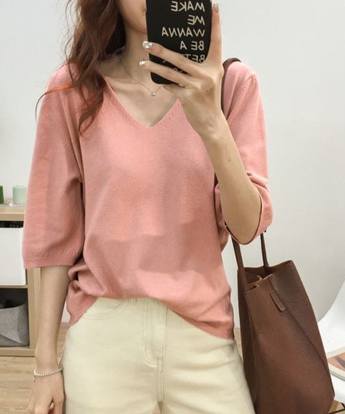 Felt-Maglietta（フェルトマリエッタ）の「Vネック半袖ニット（ニット/セーター・レディース・ホワイト/アイボリー/ダークグレー/グレー/ブラック/ブルー/ミント/モカ/ラベンダー/ピンク/グレイッシュベージュ/ライトピンク/グリーン/ネイビー/チャコールグレー/ターコイズブルー/ライトブルー・FREE/X-LARGE）」の17枚目の写真