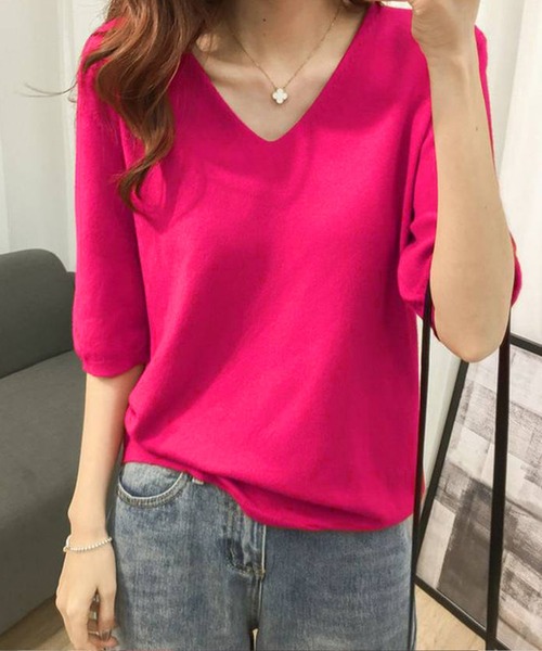 Felt-Maglietta（フェルトマリエッタ）の「Vネック半袖ニット（ニット/セーター・レディース・ホワイト/アイボリー/ダークグレー/グレー/ブラック/ブルー/ミント/モカ/ラベンダー/ピンク/グレイッシュベージュ/ライトピンク/グリーン/ネイビー/チャコールグレー/ターコイズブルー/ライトブルー・FREE/X-LARGE）」の16枚目の写真