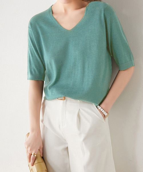 Felt-Maglietta（フェルトマリエッタ）の「Vネック半袖ニット（ニット/セーター・レディース・ホワイト/アイボリー/ダークグレー/グレー/ブラック/ブルー/ミント/モカ/ラベンダー/ピンク/グレイッシュベージュ/ライトピンク/グリーン/ネイビー/チャコールグレー/ターコイズブルー/ライトブルー・FREE/X-LARGE）」の13枚目の写真