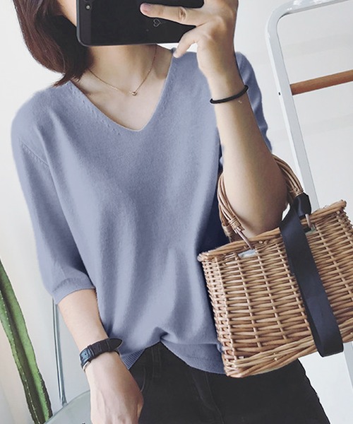 Felt-Maglietta（フェルトマリエッタ）の「Vネック半袖ニット（ニット/セーター・レディース・ホワイト/アイボリー/ダークグレー/グレー/ブラック/ブルー/ミント/モカ/ラベンダー/ピンク/グレイッシュベージュ/ライトピンク/グリーン/ネイビー/チャコールグレー/ターコイズブルー/ライトブルー・FREE/X-LARGE）」の14枚目の写真