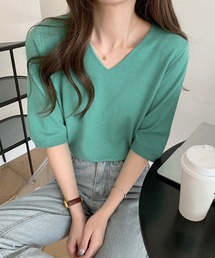 Vネック半袖ニット