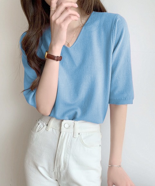 Felt-Maglietta（フェルトマリエッタ）の「Vネック半袖ニット（ニット/セーター・レディース・ホワイト/アイボリー/ダークグレー/グレー/ブラック/ブルー/ミント/モカ/ラベンダー/ピンク/グレイッシュベージュ/ライトピンク/グリーン/ネイビー/チャコールグレー/ターコイズブルー/ライトブルー・FREE/X-LARGE）」の11枚目の写真