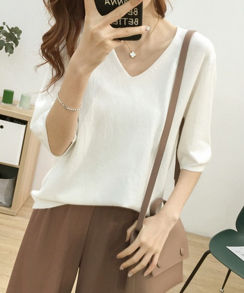 Felt-Maglietta（フェルトマリエッタ）の「Vネック半袖ニット（ニット/セーター・レディース・ホワイト/アイボリー/ダークグレー/グレー/ブラック/ブルー/ミント/モカ/ラベンダー/ピンク/グレイッシュベージュ/ライトピンク/グリーン/ネイビー/チャコールグレー/ターコイズブルー/ライトブルー・FREE/X-LARGE）」の20枚目の写真