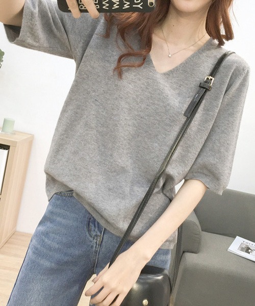 Felt-Maglietta（フェルトマリエッタ）の「Vネック半袖ニット（ニット/セーター・レディース・ホワイト/アイボリー/ダークグレー/グレー/ブラック/ブルー/ミント/モカ/ラベンダー/ピンク/グレイッシュベージュ/ライトピンク/グリーン/ネイビー/チャコールグレー/ターコイズブルー/ライトブルー・FREE/X-LARGE）」の21枚目の写真