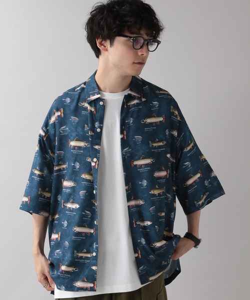 RAGEBLUE(レイジブルー)の「フィッシングプリント/レーヨン柄シャツ(シャツ/ブラウス・メンズ・ホワイト/ネイビー・MEDIUM/LARGE)」の16枚目の写真