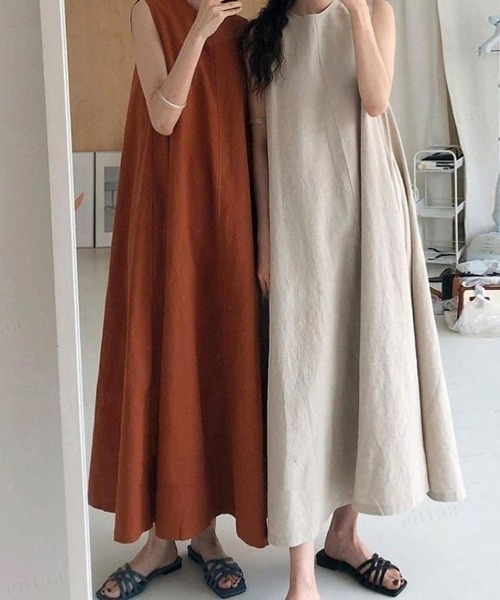 Dalfwin(ダールフィン)の「2022 S/S 春夏 韓国ファッション リネンノースリーブワンピース ロング丈(ワンピース・レディース・ブラック/ブラウン/ホワイト/ベージュ・FREE)」の15枚目の写真