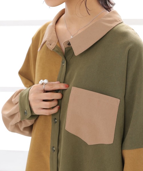 osharewalker（オシャレウォーカー）の「【廃盤】『配色デザインコーデュロイシャツ』（シャツ/ブラウス・レディース・カーキ/グレー・FREE）」の10枚目の写真