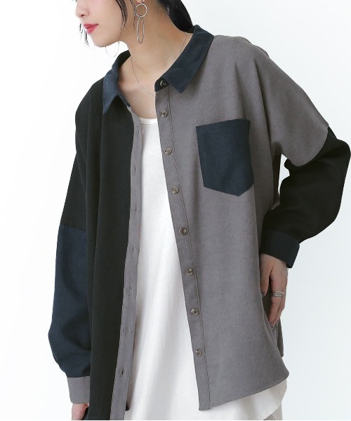 osharewalker（オシャレウォーカー）の「【廃盤】『配色デザインコーデュロイシャツ』（シャツ/ブラウス・レディース・カーキ/グレー・FREE）」の5枚目の写真