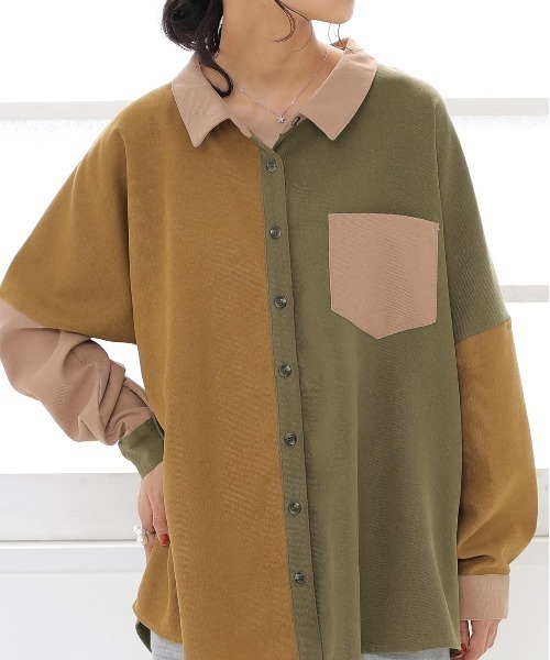 osharewalker（オシャレウォーカー）の「【廃盤】『配色デザインコーデュロイシャツ』（シャツ/ブラウス・レディース・カーキ/グレー・FREE）」の6枚目の写真