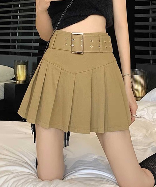 SPIGA（スピーガ）の「二つ穴ベルト付プリーツミニスカート（スカート・レディース・ブラック/ベージュ/ブラウン/ホワイト・SMALL/MEDIUM）」の4枚目の写真