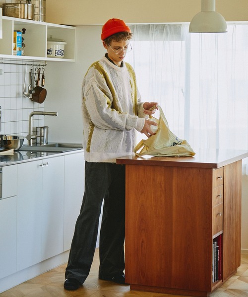 EMMA CLOTHES（エマクローズ）の「イレギュラーストライプ モヘアライクジャガード編みクルーネックニット EMMA CLOTHES（ニット/セーター・メンズ・ブラック/グレー/ベージュ/カーキ・M/L）」の18枚目の写真