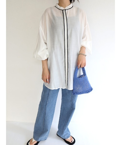 HEILIS(ヘイリス)の「パイピングレーヨンブラウス / パイピングデザイン シャツ スタンドカラー(シャツ/ブラウス・レディース・アイボリー/グリーン・FREE)」の3枚目の写真