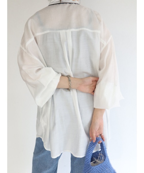 HEILIS(ヘイリス)の「パイピングレーヨンブラウス / パイピングデザイン シャツ スタンドカラー(シャツ/ブラウス・レディース・アイボリー/グリーン・FREE)」の5枚目の写真