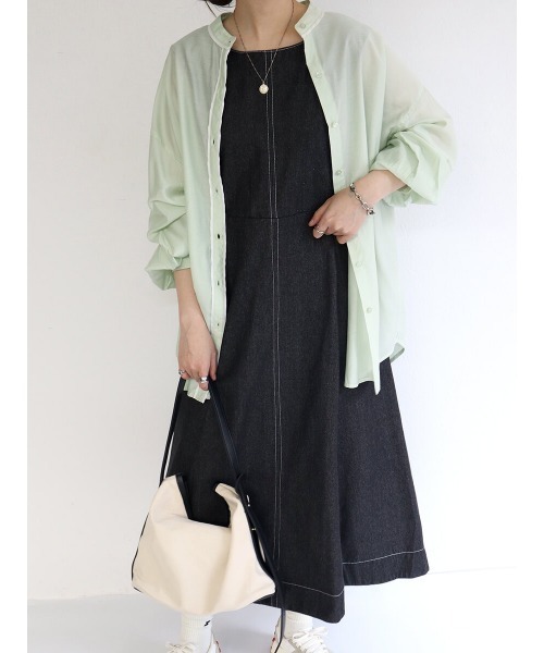 HEILIS(ヘイリス)の「パイピングレーヨンブラウス / パイピングデザイン シャツ スタンドカラー(シャツ/ブラウス・レディース・アイボリー/グリーン・FREE)」の7枚目の写真