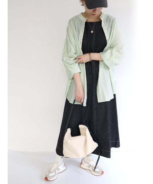 HEILIS(ヘイリス)の「パイピングレーヨンブラウス / パイピングデザイン シャツ スタンドカラー(シャツ/ブラウス・レディース・アイボリー/グリーン・FREE)」の8枚目の写真