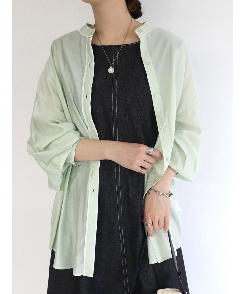 HEILIS(ヘイリス)の「パイピングレーヨンブラウス / パイピングデザイン シャツ スタンドカラー(シャツ/ブラウス・レディース・アイボリー/グリーン・FREE)」の9枚目の写真