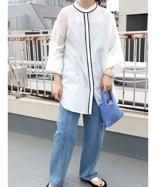 HEILIS(ヘイリス)の「パイピングレーヨンブラウス / パイピングデザイン シャツ スタンドカラー(シャツ/ブラウス・レディース・アイボリー/グリーン・FREE)」の11枚目の写真