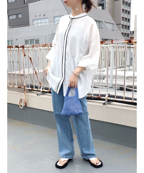 HEILIS(ヘイリス)の「パイピングレーヨンブラウス / パイピングデザイン シャツ スタンドカラー(シャツ/ブラウス・レディース・アイボリー/グリーン・FREE)」の12枚目の写真