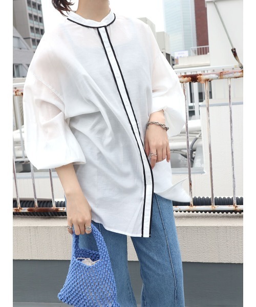 HEILIS(ヘイリス)の「パイピングレーヨンブラウス / パイピングデザイン シャツ スタンドカラー(シャツ/ブラウス・レディース・アイボリー/グリーン・FREE)」の13枚目の写真