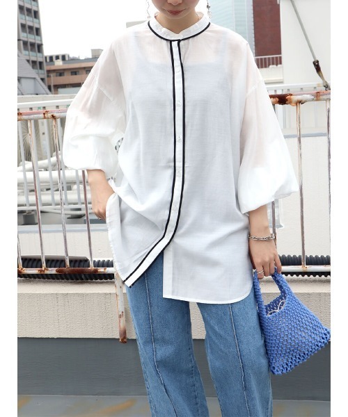 HEILIS(ヘイリス)の「パイピングレーヨンブラウス / パイピングデザイン シャツ スタンドカラー(シャツ/ブラウス・レディース・アイボリー/グリーン・FREE)」の14枚目の写真