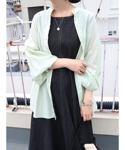 HEILIS(ヘイリス)の「パイピングレーヨンブラウス / パイピングデザイン シャツ スタンドカラー(シャツ/ブラウス・レディース・アイボリー/グリーン・FREE)」の16枚目の写真